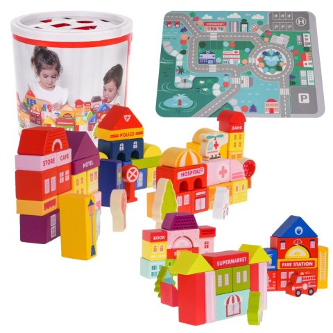 Drewniane Klocki Miasto dla dzieci 3+ Puzzle Mata podłogowa + Sorter kształtów + Klocki 115 el. Drewniane Klocki Miasto dla dzieci 3+ Puzzle Mata podłogowa + Sorter kształtów + Klocki 115 el.