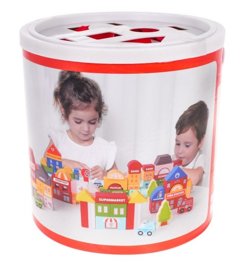 Drewniane Klocki Miasto dla dzieci 3+ Puzzle Mata podłogowa + Sorter kształtów + Klocki 115 el. Drewniane Klocki Miasto dla dzieci 3+ Puzzle Mata podłogowa + Sorter kształtów + Klocki 115 el.
