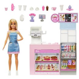 Barbie Kawiarnia – lalka w fartuszku przy ladzie z ekspresem do kawy i koktajli oraz akcesoriami do zabawy
