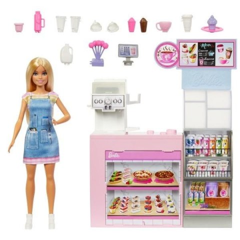 Barbie Kawiarnia – lalka w fartuszku przy ladzie z ekspresem do kawy i koktajli oraz akcesoriami do zabawy Barbie Kawiarnia – lalka w fartuszku przy ladzie z ekspresem do kawy i koktajli oraz akcesoriami do zabawy