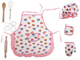 Zestaw kuchenny dla dzieci z fartuchami, rękawicą, czapką szefa kuchni i akcesoriami do pieczenia, takich jak wałek, foremki i łyżka