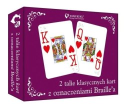 Zestaw dwóch talii kart do gry z oznaczeniami w alfabecie Braille’a, po 54 karty każda, dla osób niewidomych i niedowidzących
