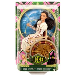 Lalka Wicked Nessarose w eleganckim stroju, siedząca na stylowym wózku inwalidzkim