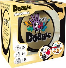 Zestaw gry „Dobble Kultura” z kolorowymi okrągłymi kartami i metalową puszką