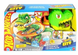Hot Wheels City Zakręcony tor Remiza T-Rexa – tor wyścigowy z dinozaurem i remizą strażacką