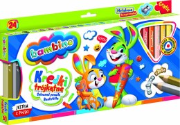 Kredki Bambino – 24 kolory w ergonomicznej, trójkątnej oprawie z temperówką. W zestawie także złota i srebrna kredka. Idealne dla dzieci 3+.