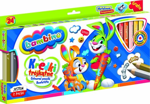 Kredki Bambino – 24 kolory w ergonomicznej, trójkątnej oprawie z temperówką. W zestawie także złota i srebrna kredka. Idealne dla dzieci 3+. Kredki Bambino – 24 kolory w ergonomicznej, trójkątnej oprawie z temperówką. W zestawie także złota i srebrna kredka. Idealne dla dzieci 3+.
