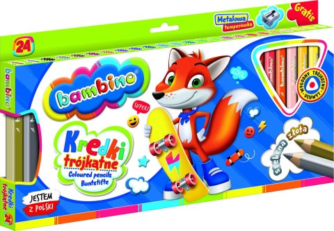 Kredki Bambino – 24 kolory w ergonomicznej, trójkątnej oprawie z temperówką. W zestawie także złota i srebrna kredka. Idealne dla dzieci 3+. Kredki Bambino – 24 kolory w ergonomicznej, trójkątnej oprawie z temperówką. W zestawie także złota i srebrna kredka. Idealne dla dzieci 3+.