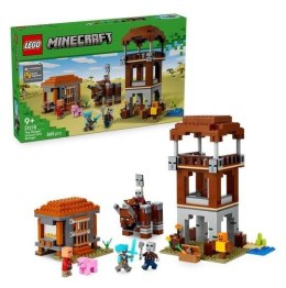Zestaw LEGO Minecraft Kryjówka rozbójników i dewastatorów (21278) z wieżą strażniczą, figurkami i domem kamieniarza.