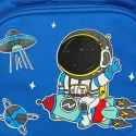 Niebieski plecak dziecięcy z motywem astronauty i okrągłą saszetką – idealny do przedszkola i na wycieczki