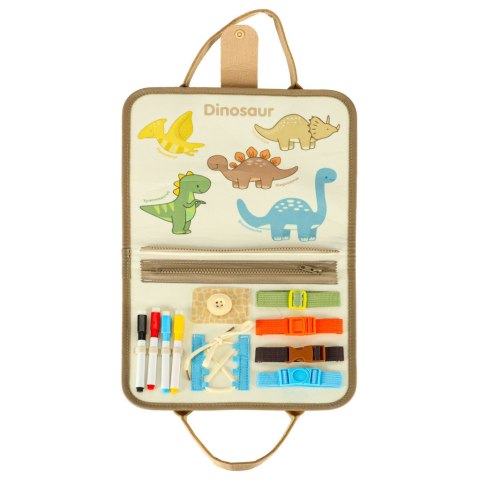 Tablica manipulacyjna Montessori Dinozaur – sensoryczna teczka z guzikami, zamkami i markerami, rozwijająca samodzielność dziecka Tablica manipulacyjna Montessori Dinozaur – sensoryczna teczka z guzikami, zamkami i markerami, rozwijająca samodzielność dziecka