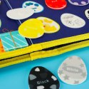 Tablica manipulacyjna Montessori w formie walizki i plecaka z motywem dinozaura, edukacyjna zabawka sensoryczna dla dzieci.
